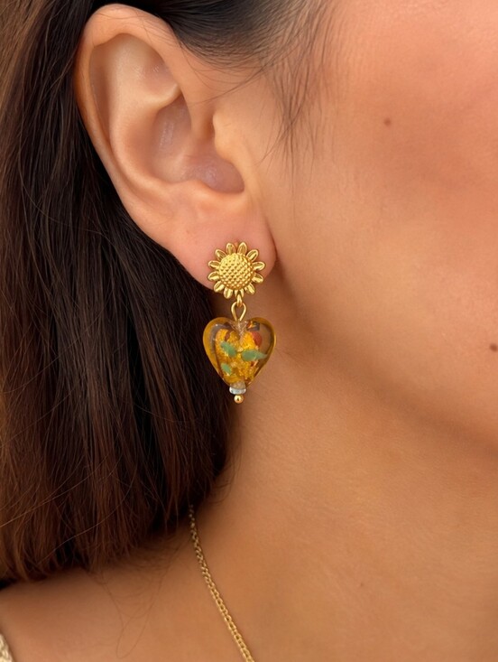 Jewelry - Gold Sunflower Amber Heart Dangle Drop Earrings Stainless Steel Boho Jewelry